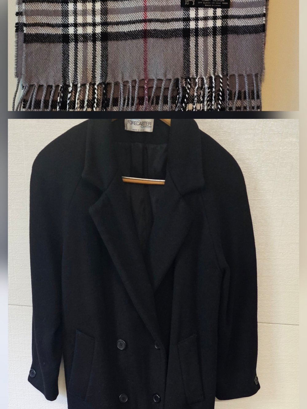 Forecaster of Boston Womens Vintage Black Wool Coat Double Breasted & Scarf